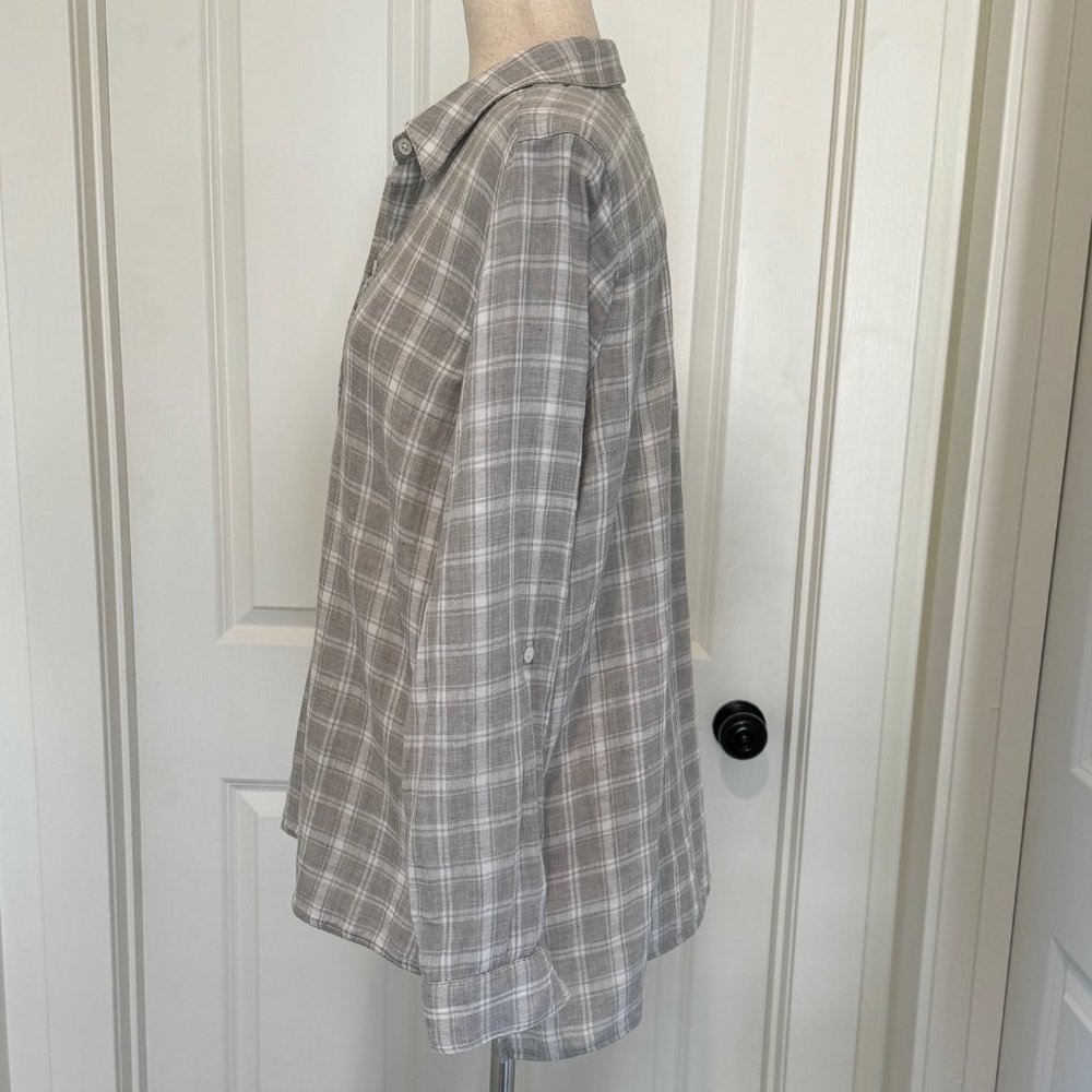 J Jill Button down cotton gray and white plaid long sleeve top medium - Picture 3 of 6